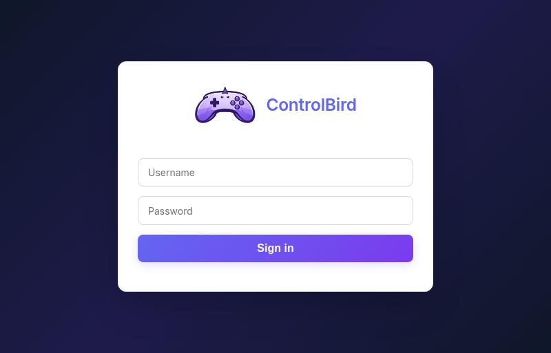 ControlBird login screen