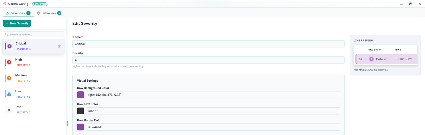 ControlBird Alarms Config screen showing severity levels Critical, High, Medium, Low, and Info, with the Critical severity open for editing and a live preview of how it appears when it fires