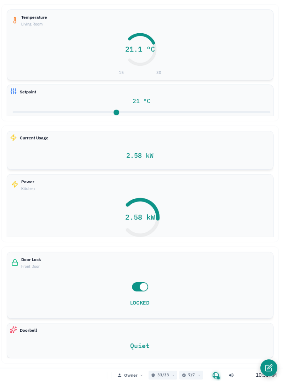 A ControlBird dashboard showing live gauge, slider, and toggle cards for temperature, setpoint, power usage, and a door lock, all reading real values