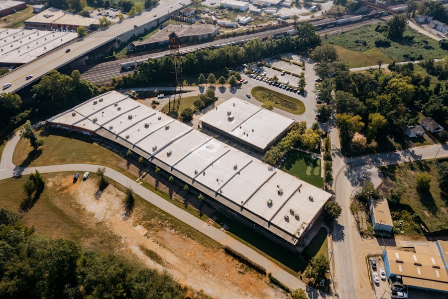Aerial view of a low-rise building complex