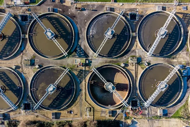 Aerial view of wastewater treatment clarifiers